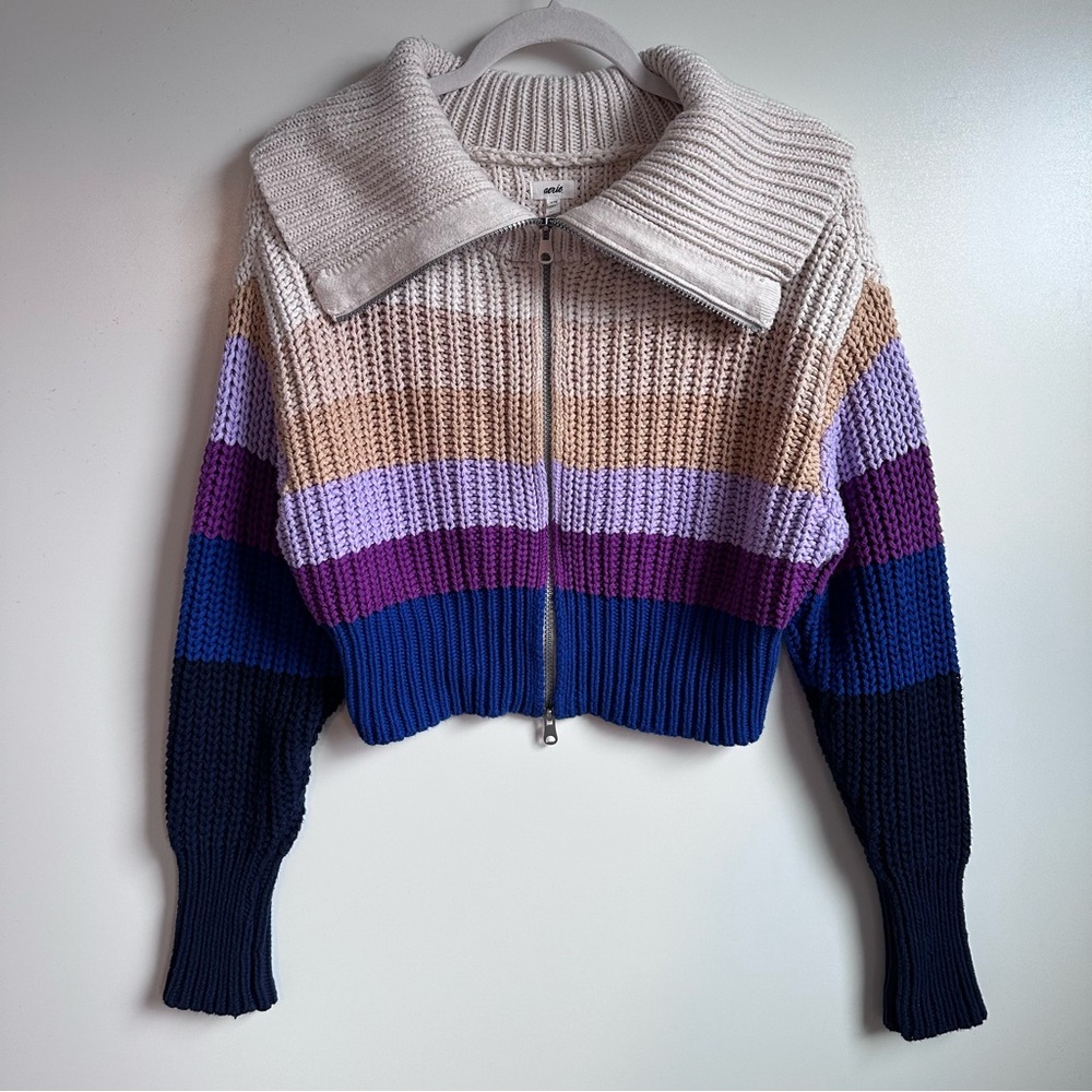 Aerie Full-Zip Women's Chunky Knit Striped Cotton Cardigan Sweater Size S Retro